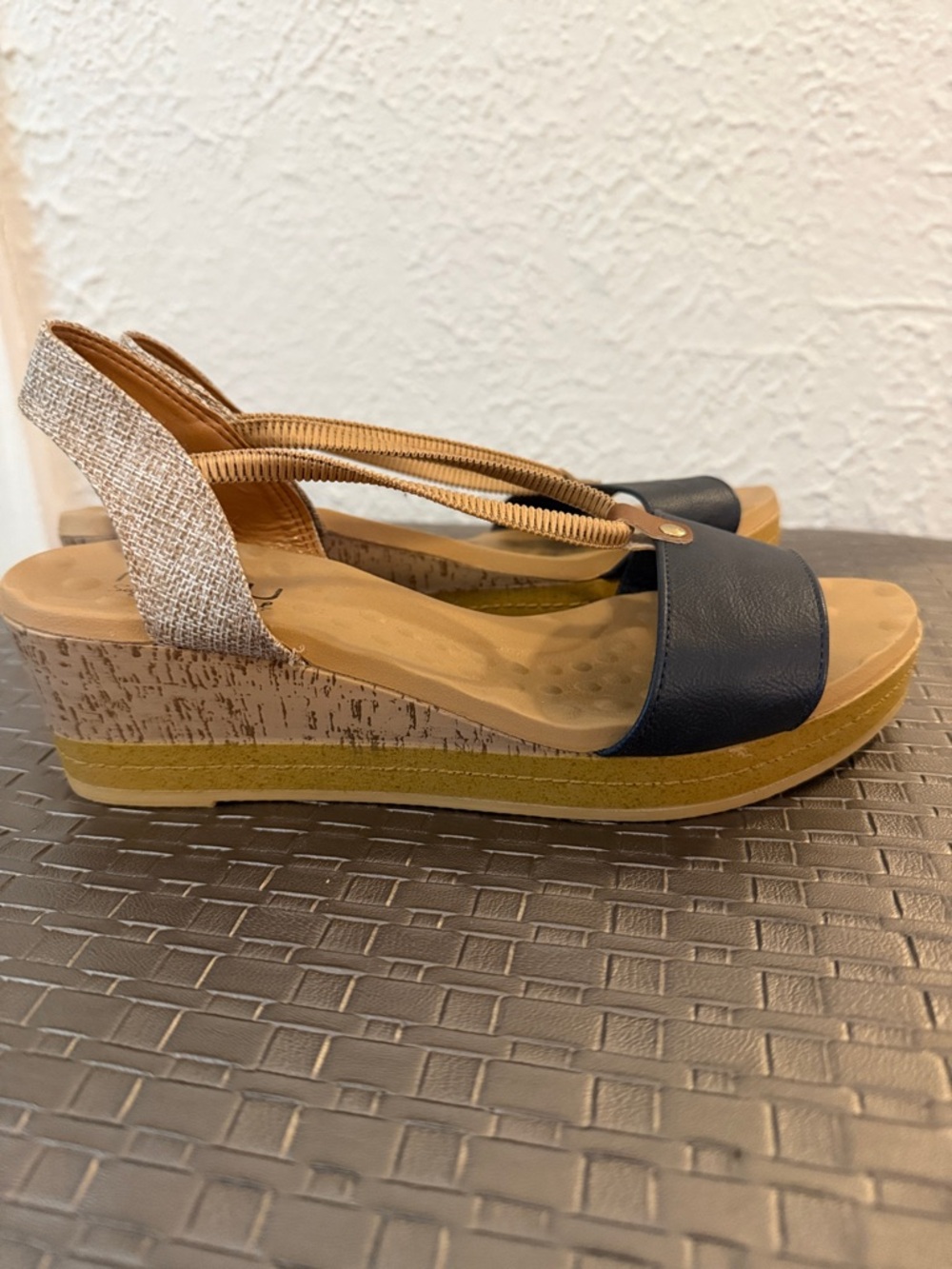 Navy and Beige Wedge Slingback Sandals - Comfortable Everyday Style